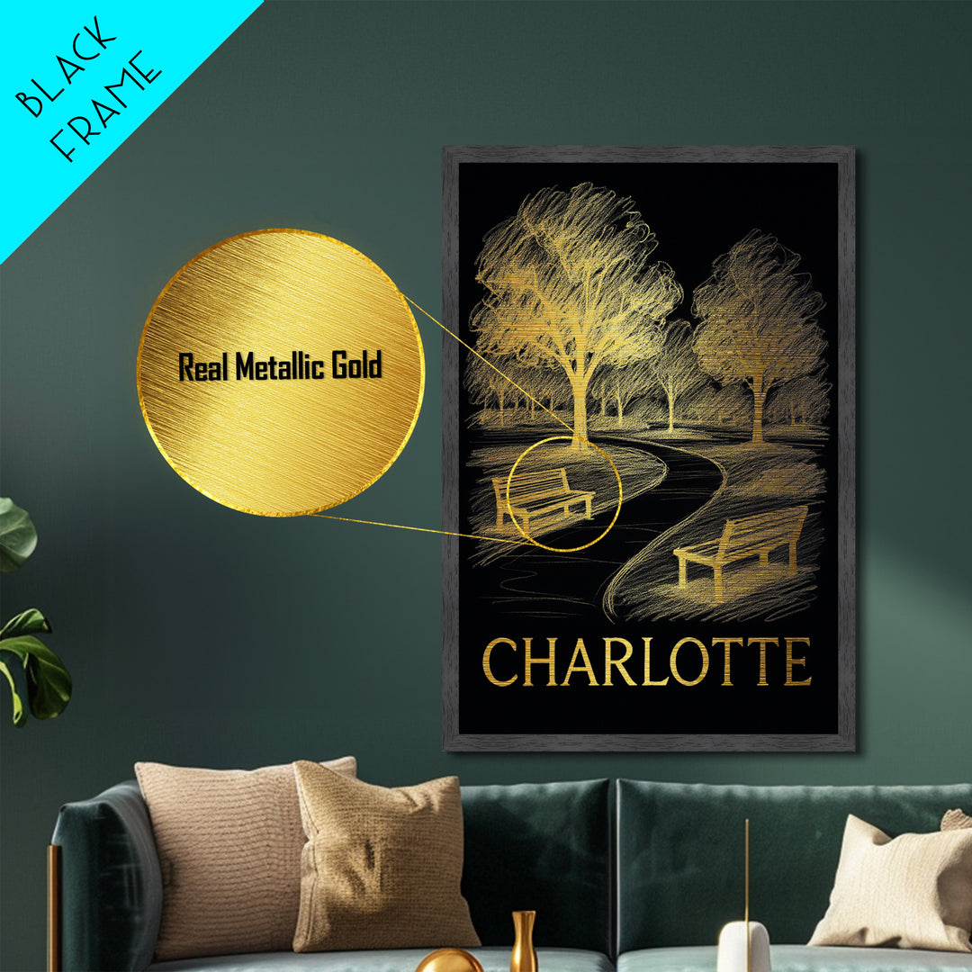 Charlotte North Carolina art, Metallic Gold Art, Travel Art Prints, Metal Art, Wood Framed Art, Wanderlust Gift, Adventure Lover Gift