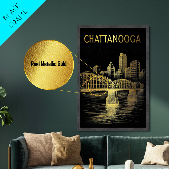 Chattanooga Tennessee travel, Metallic Gold Print, Modern House Art, Metal Art, Wood Framed Art, Traveler Gift, Destination Gift