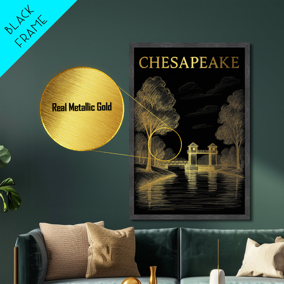 Chesapeake Virginia travel, Metallic Gold Print, College Dorm Décor, Metal Art, Wood Framed Art, Graduation Travel Gift, Traveler Gift