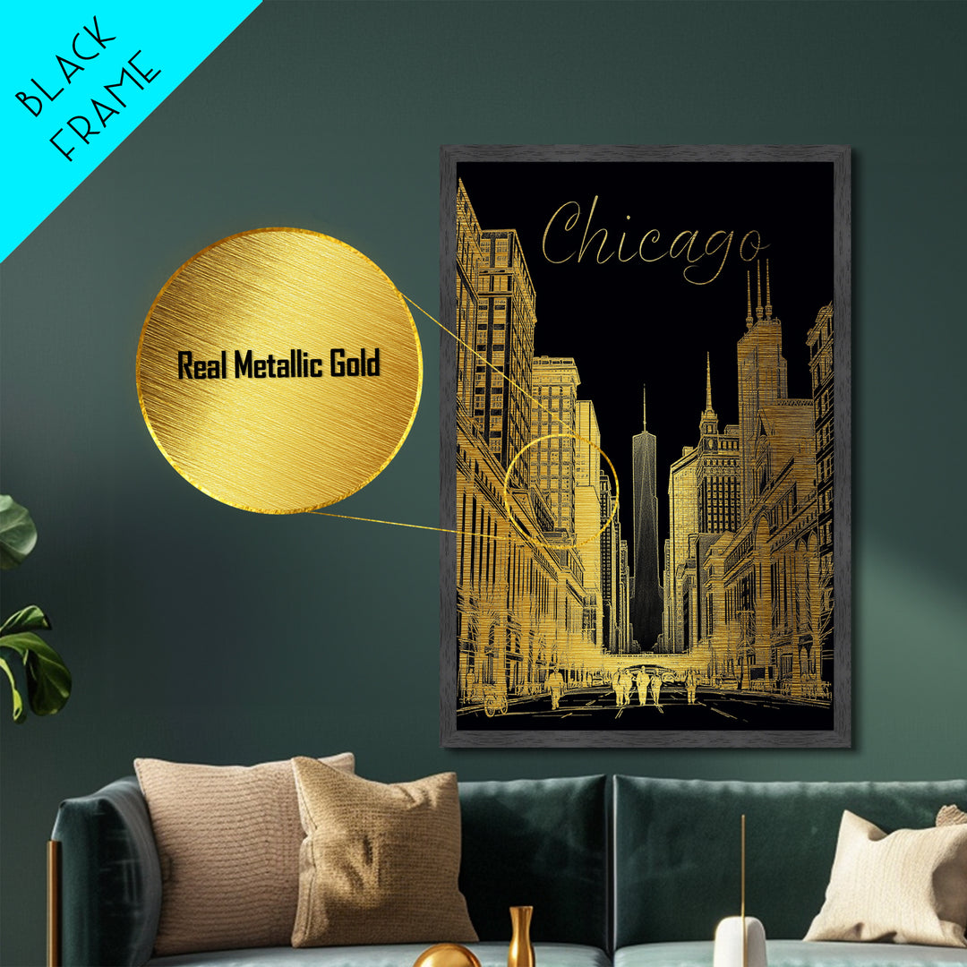 Chicago Illinois art, Metallic Gold Art, Housewarming Gift, Metal Art, Wood Framed Art, Newlywed Travel Gift, Honeymoon Gift