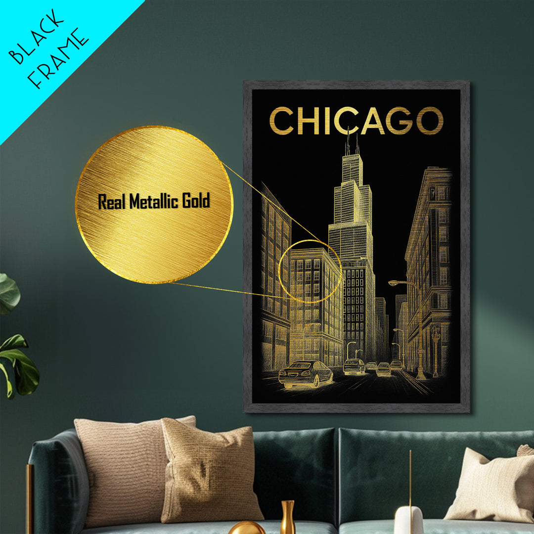 Chicago Illinois travel, Metallic Gold Print, Closing Gift, Metal Art, Wood Framed Art, Anniversary Travel Gift, Retirement Travel Gift