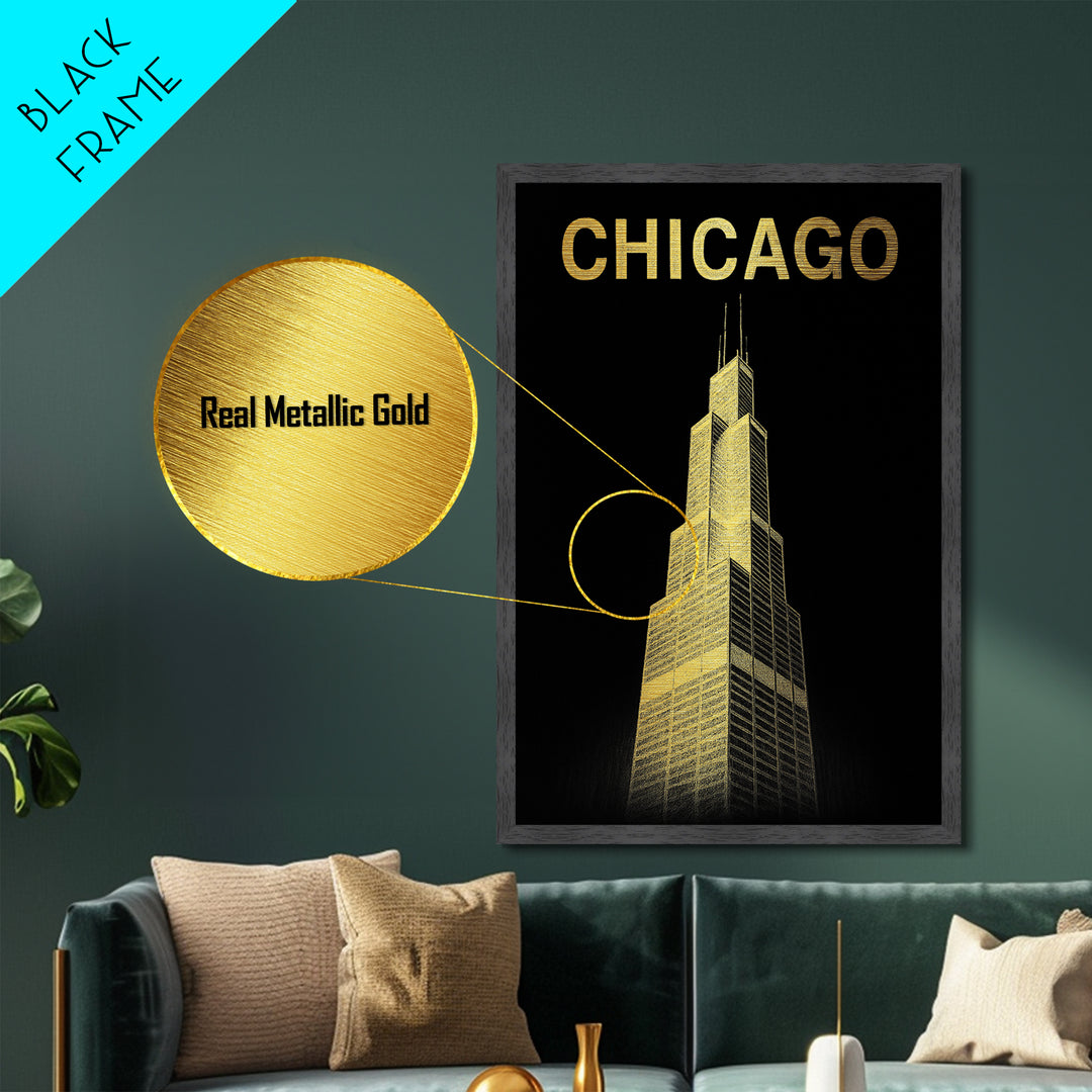 Chicago Illinois art, Metallic Gold Art, Office Decor, Metal Art, Wood Framed Art, Graduation Travel Gift, Destination Gift