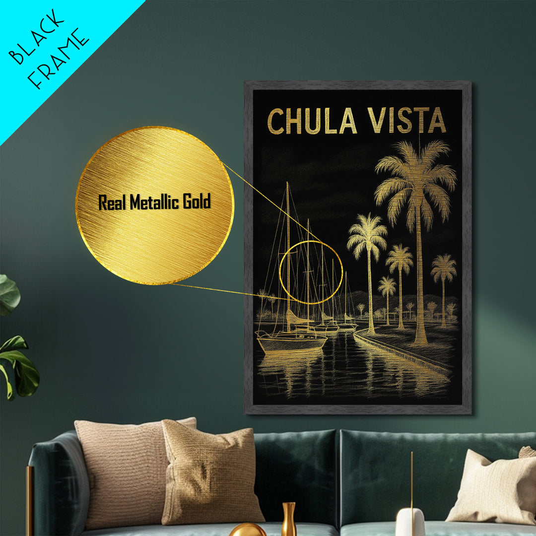 Chula Vista California travel, Metallic Gold Print, Closing Gift, Metal Art, Wood Framed Art, Anniversary Travel Gift, Retirement Travel Gift