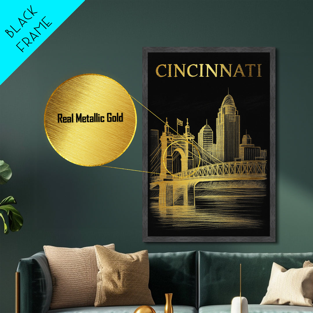 Cincinnati Ohio travel, Metallic Gold Print, Modern House Art, Metal Art, Wood Framed Art, Wanderlust Gift, Travel Art Prints