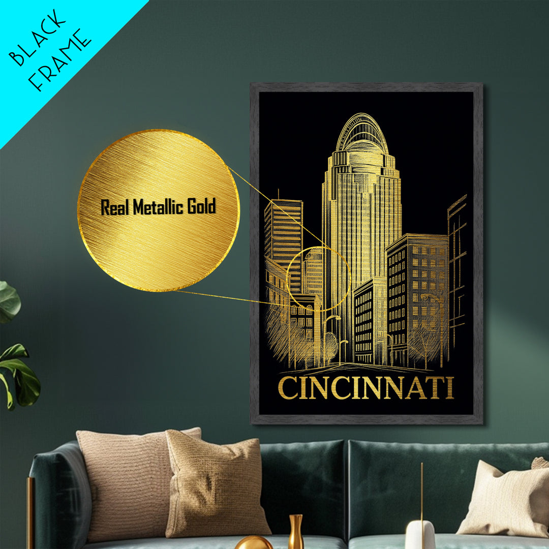 Cincinnati Ohio art, Metallic Gold Art, Travel Art Prints, Metal Art, Wood Framed Art, Adventure Lover Gift, Traveler Gift
