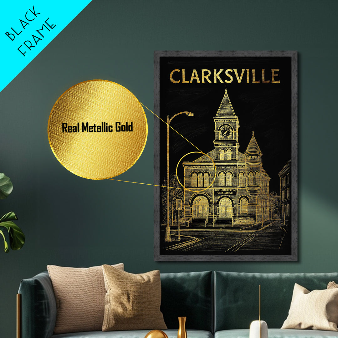 Clarksville Tennessee travel, Metallic Gold Print, Modern House Art, Metal Art, Wood Framed Art, Traveler Gift, Destination Gift