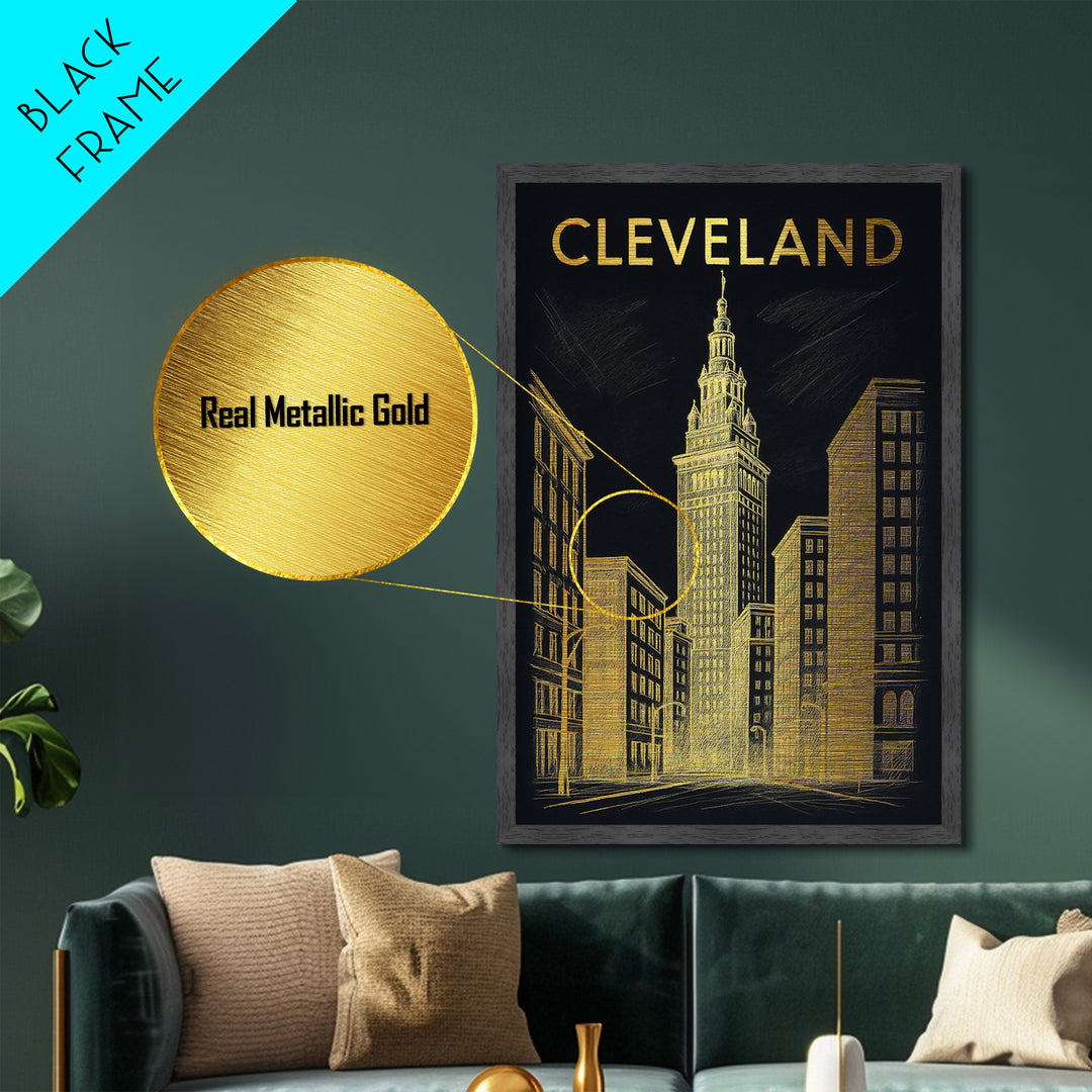 Cleveland Ohio travel, Metallic Gold Print, Modern Skyline Wall Print, Metal Art, Wood Framed Art, Adventure Lover Gift, Travel Gift
