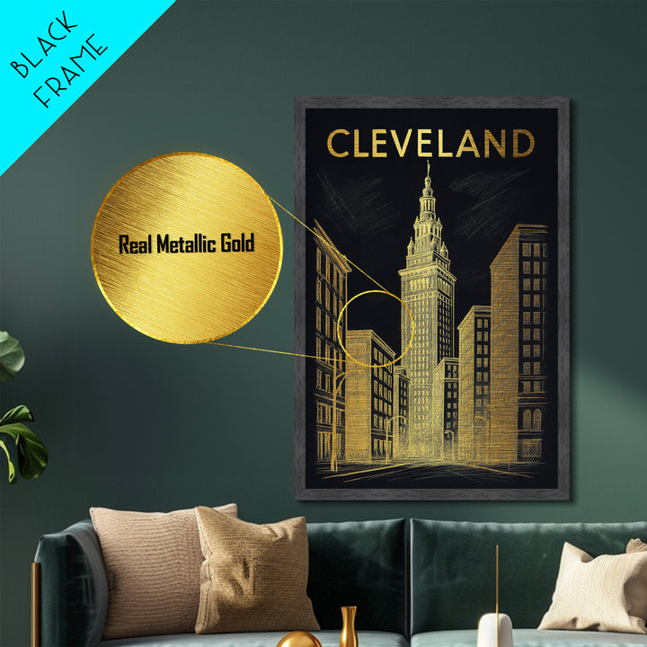 Cleveland Ohio travel, Metallic Gold Print, Modern Skyline Wall Print, Metal Art, Wood Framed Art, Adventure Lover Gift, Travel Gift