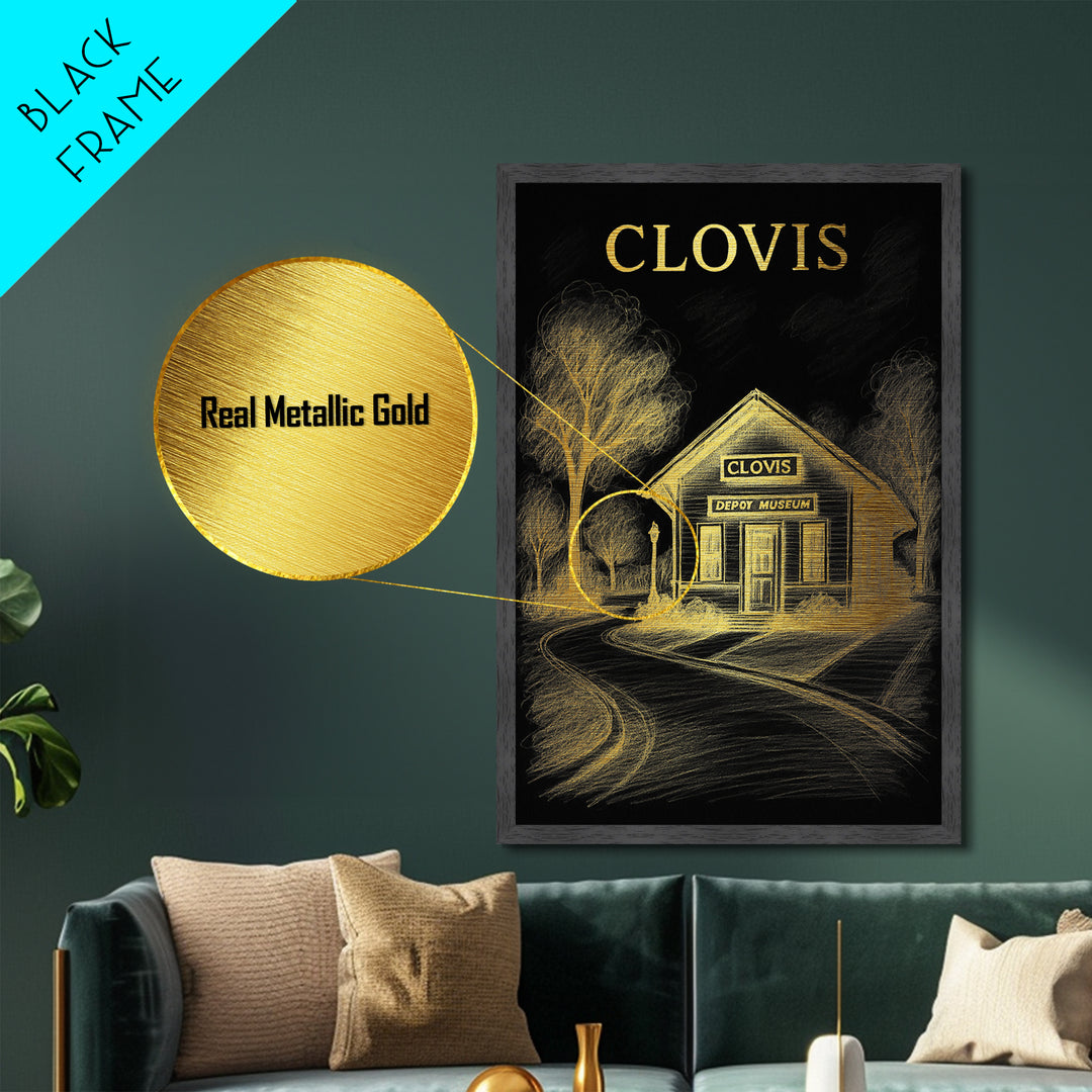 Clovis California travel, Metallic Gold Print, Modern House Art, Metal Art, Wood Framed Art, Traveler Gift, Destination Gift
