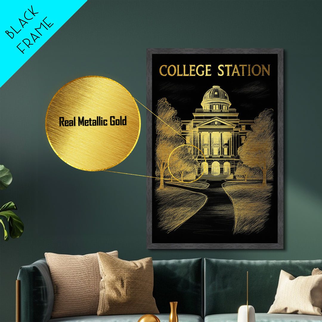 College Station Texas travel, Metallic Gold Print, College Dorm Décor, Metal Art, Wood Framed Art, Graduation Travel Gift, Traveler Gift