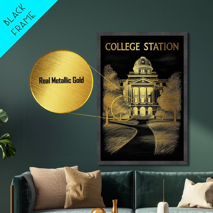College Station Texas travel, Metallic Gold Print, College Dorm Décor, Metal Art, Wood Framed Art, Graduation Travel Gift, Traveler Gift
