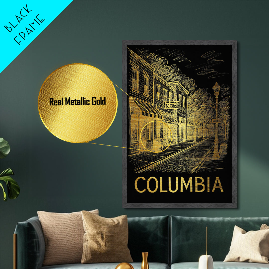 Columbia South Carolina travel, Metallic Gold Print, Modern Skyline Wall Print, Metal Art, Wood Framed Art, Adventure Lover Gift