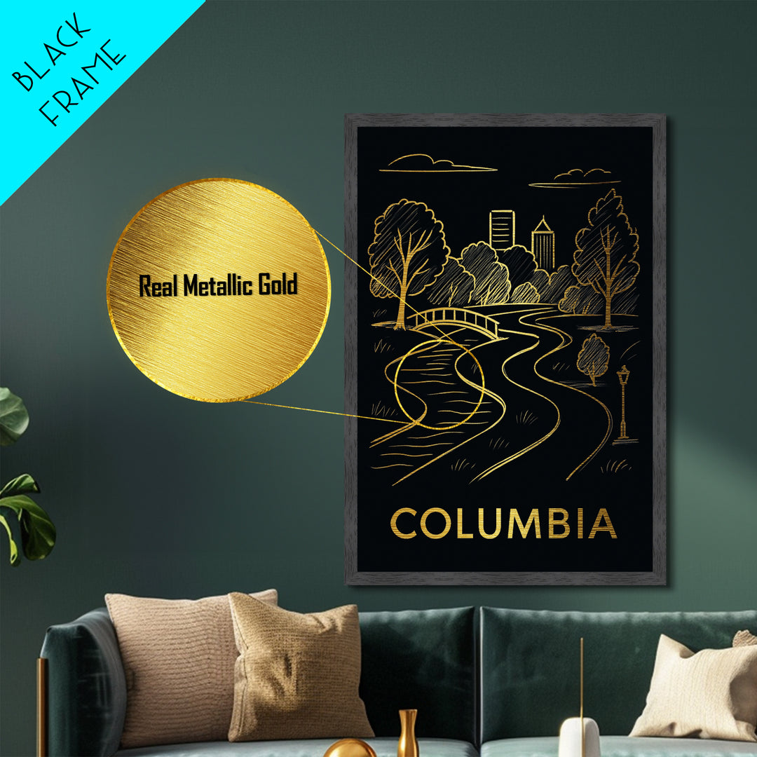 Columbia South Carolina art, Metallic Gold Art, Housewarming Gift, Metal Art, Wood Framed Art, Newlywed Travel Gift, Honeymoon Gift