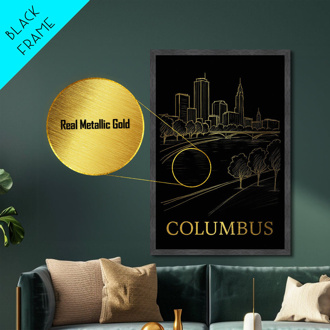 Columbus Ohio art, Metallic Gold Art, Housewarming Gift, Metal Art, Wood Framed Art, Newlywed Travel Gift, Honeymoon Gift