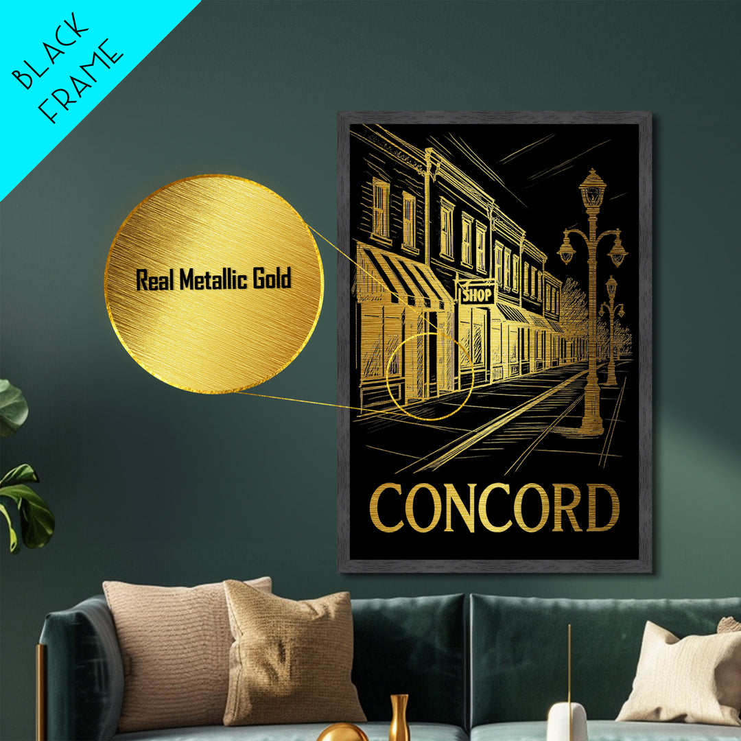 Concord North Carolina travel, Metallic Gold Print, Closing Gift, Metal Art, Wood Framed Art, Anniversary Travel Gift, Retirement Gift