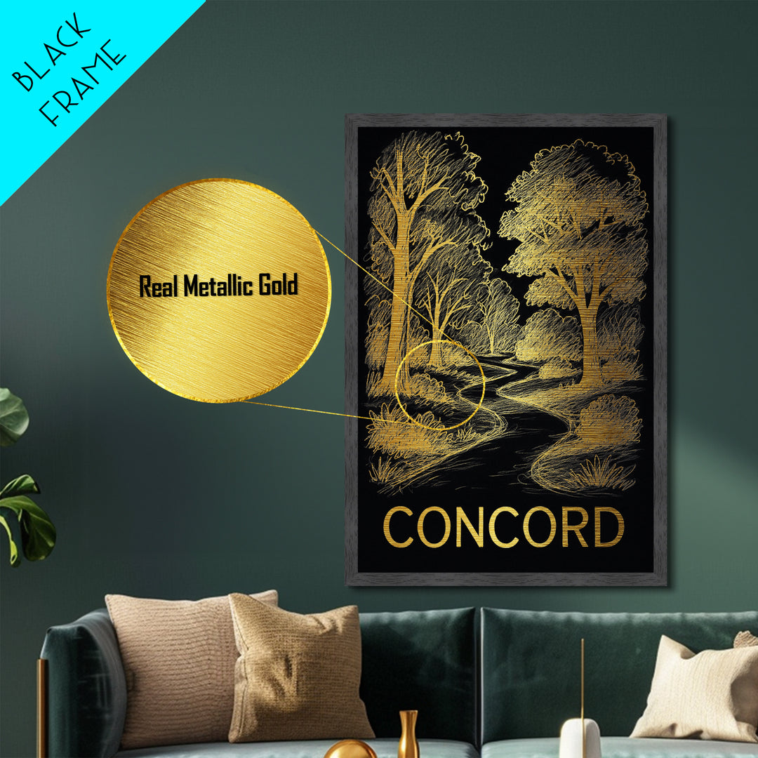Concord North Carolina art, Metallic Gold Art, Office Decor, Metal Art, Wood Framed Art, Graduation Travel Gift, Destination Gift