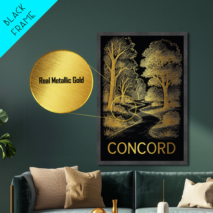 Concord North Carolina art, Metallic Gold Art, Office Decor, Metal Art, Wood Framed Art, Graduation Travel Gift, Destination Gift