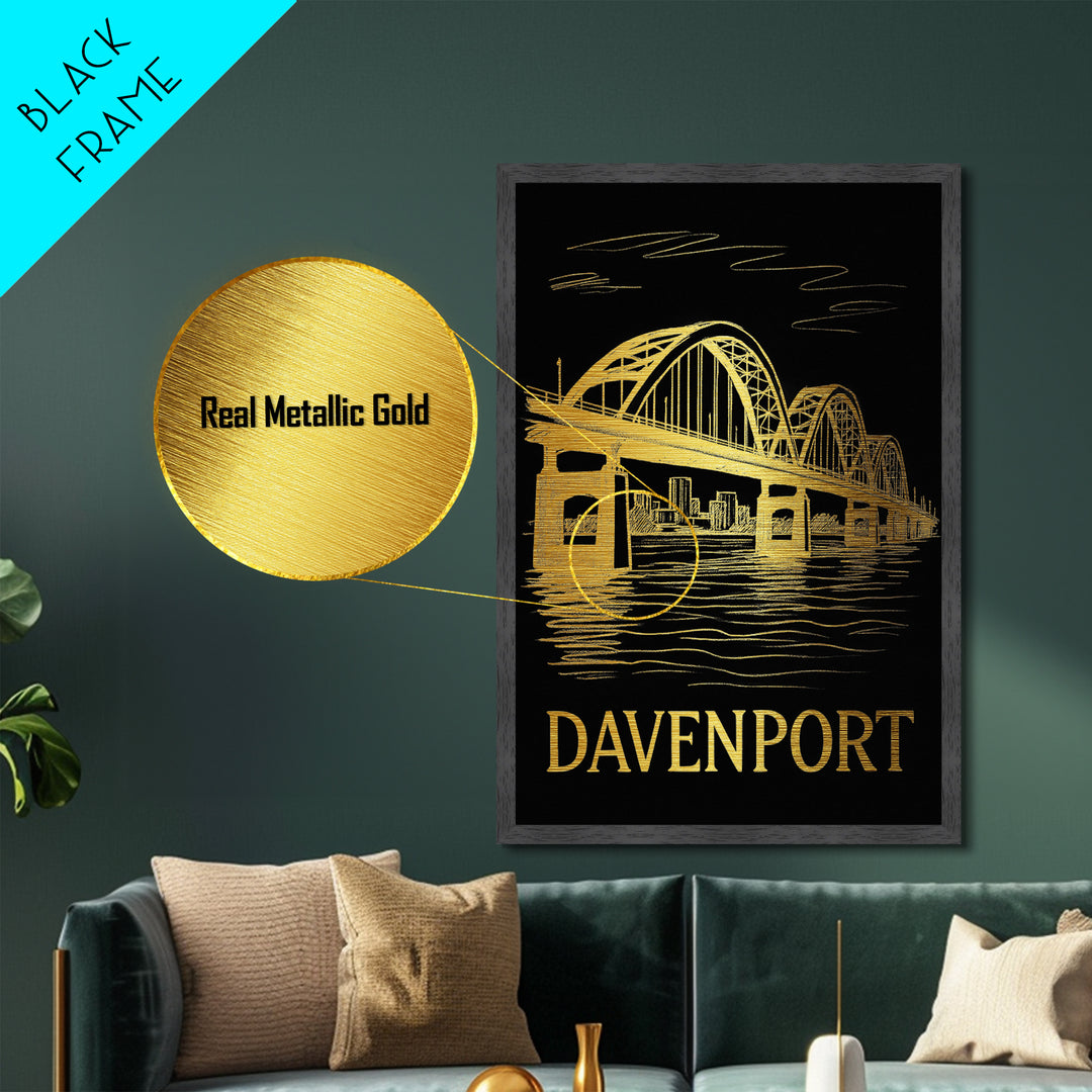 Davenport Iowa art, Metallic Gold Art, Modern House Art, Metal Art, Wood Framed Art, Graduation Travel Gift, Travel Gift