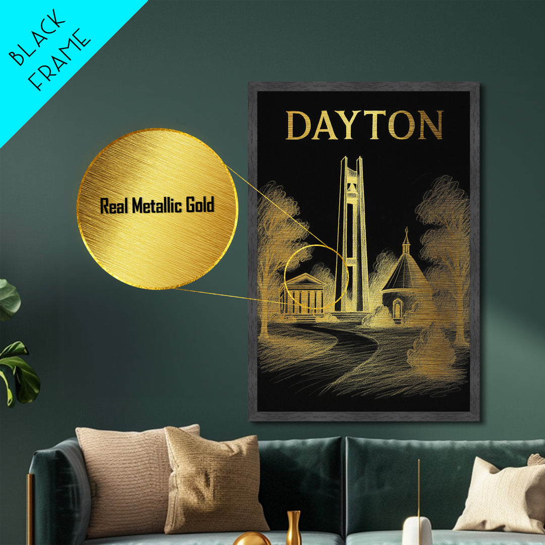 Dayton Ohio travel, Metallic Gold Print, College Dorm Décor, Metal Art, Wood Framed Art, Graduation Travel Gift, Traveler Gift