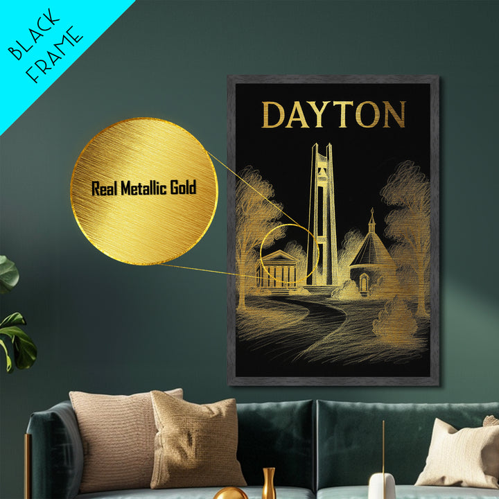 Dayton Ohio travel, Metallic Gold Print, College Dorm Décor, Metal Art, Wood Framed Art, Graduation Travel Gift, Traveler Gift
