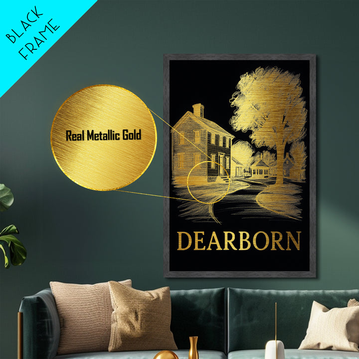 Dearborn Michigan travel, Metallic Gold Print, Modern House Art, Metal Art, Wood Framed Art, Traveler Gift, Destination Gift