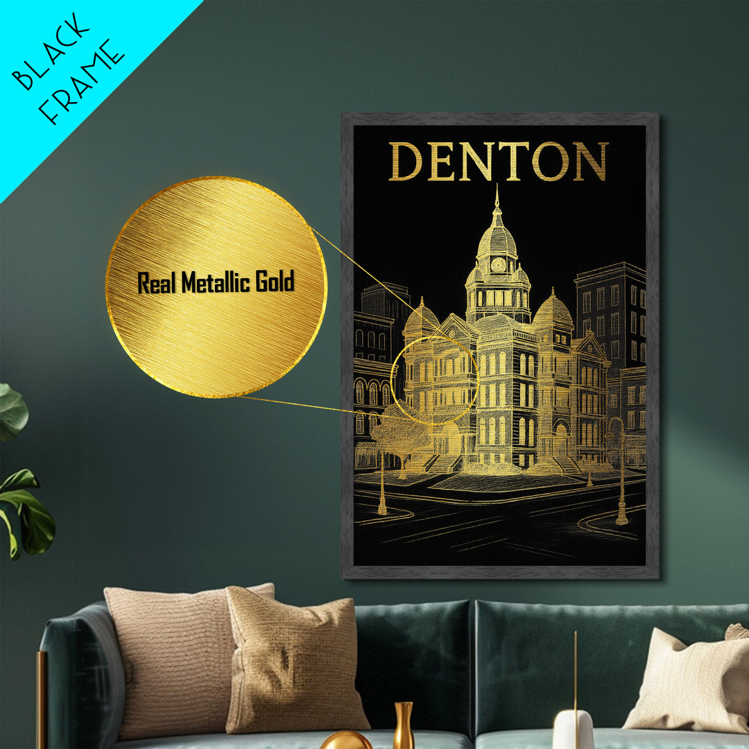 Denton Texas travel, Metallic Gold Print, College Dorm Décor, Metal Art, Wood Framed Art, Graduation Travel Gift, Traveler Gift