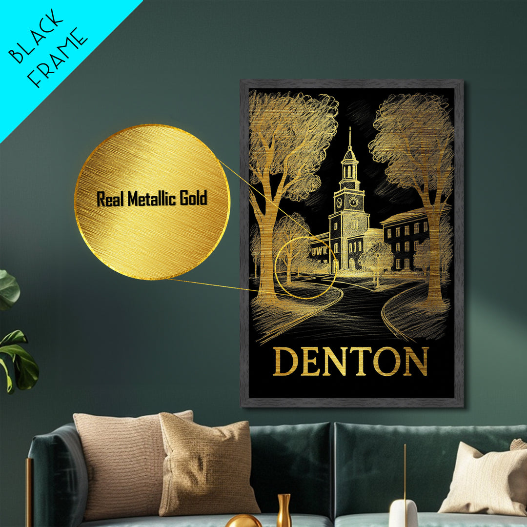 Denton Texas art, Metallic Gold Art, Best Friend Gifts, Metal Art, Wood Framed Art, Birthday Travel Gift, Destination Gift