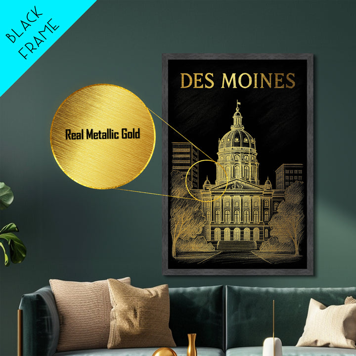 Des Moines Iowa travel, Metallic Gold Print, Closing Gift, Metal Art, Wood Framed Art, Anniversary Travel Gift, Retirement Travel Gift
