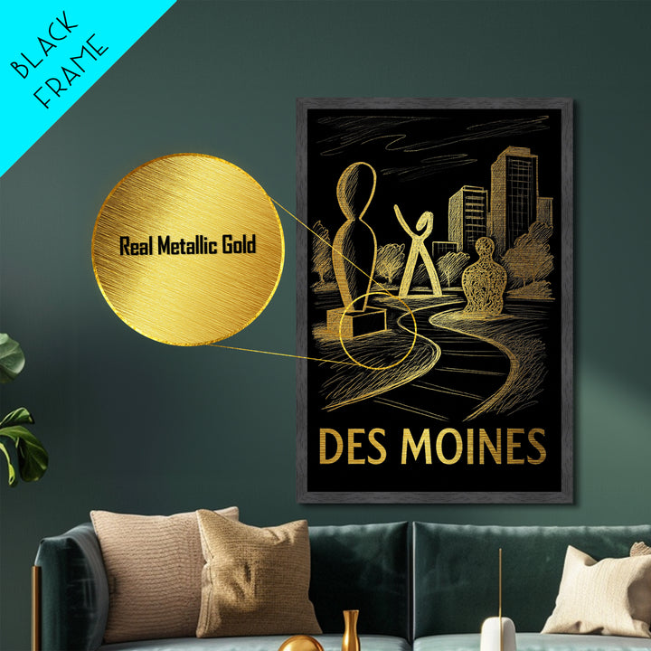 Des Moines Iowa art, Metallic Gold Art, Office Decor, Metal Art, Wood Framed Art, Graduation Travel Gift, Destination Gift