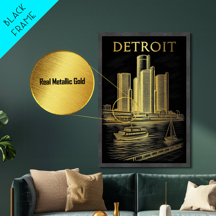 Detroit Michigan travel, Metallic Gold Print, Modern House Art, Metal Art, Wood Framed Art, Wanderlust Gift, Travel Art Prints