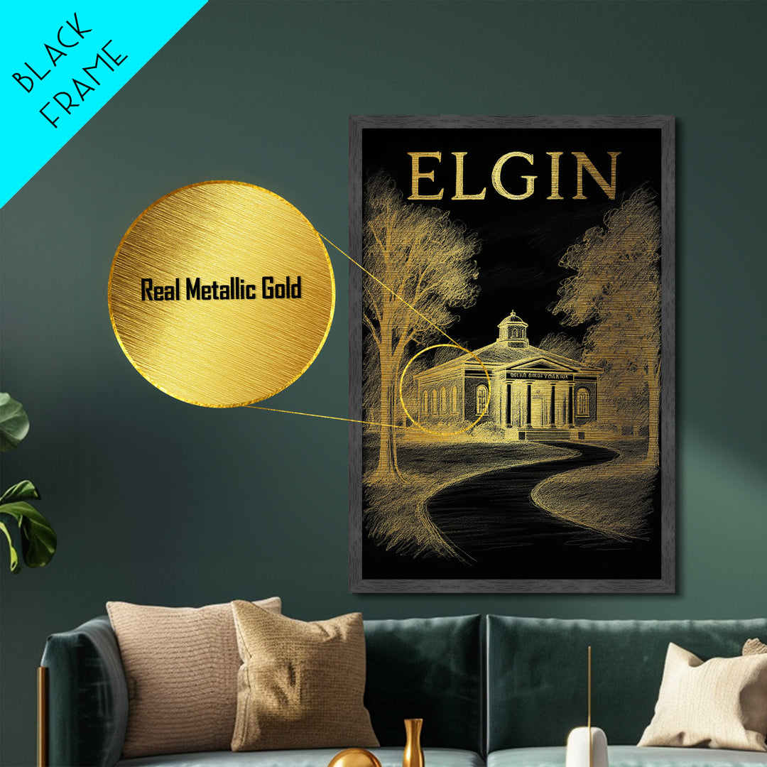Elgin Illinois travel, Metallic Gold Print, Modern House Art, Metal Art, Wood Framed Art, Traveler Gift, Destination Gift