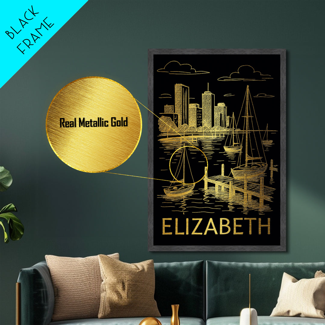 Elizabeth New Jersey art, Metallic Gold Art, Best Friend Gifts, Metal Art, Wood Framed Art, Birthday Travel Gift, Destination Gift