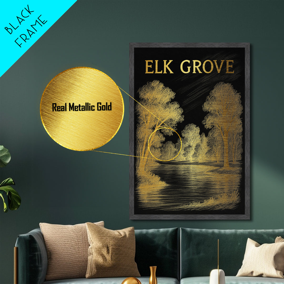 Elk Grove California travel, Metallic Gold Print, Modern Skyline Wall Print, Metal Art, Wood Framed Art, Adventure Lover Gift, Travel Gift