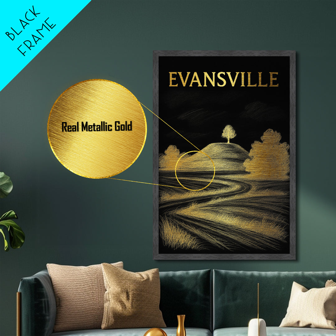 Evansville Indiana travel, Metallic Gold Print, Modern Skyline Wall Print, Metal Art, Wood Framed Art, Adventure Lover Gift, Travel Gift