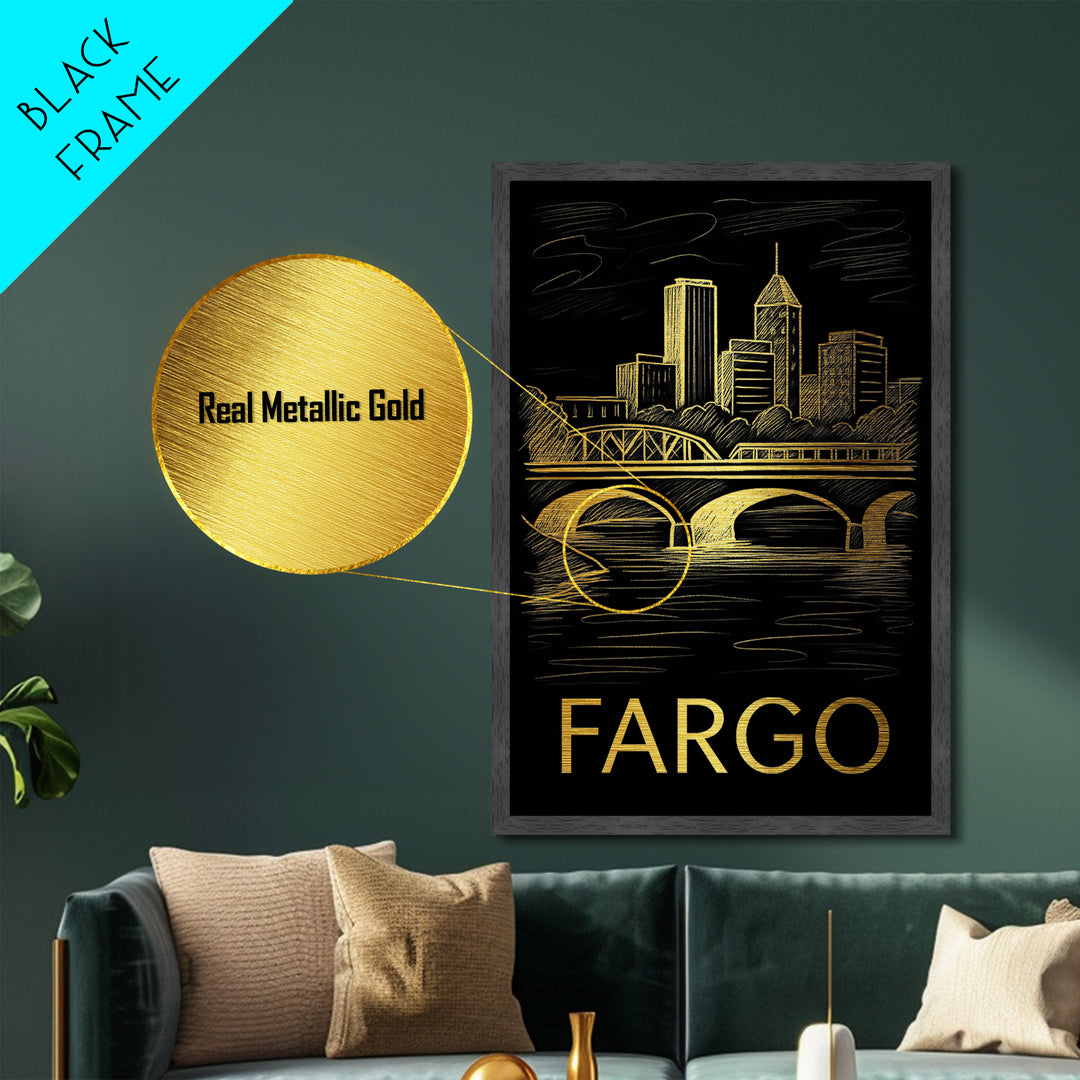 Fargo North Dakota art, Metallic Gold Art, Best Friend Gifts, Metal Art, Wood Framed Art, Birthday Travel Gift, Destination Gift