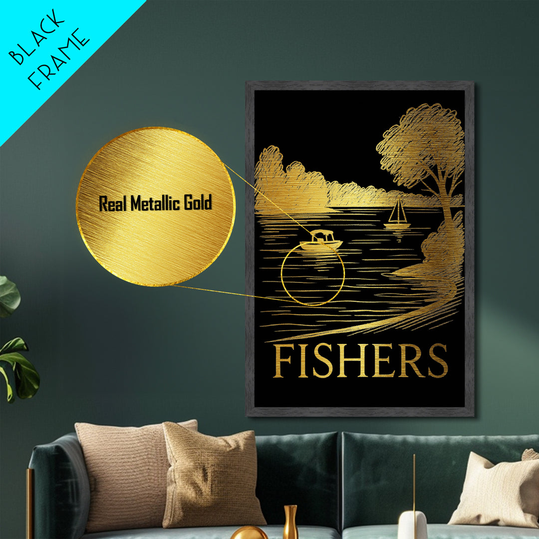 Fishers Indiana art, Metallic Gold Art, Office Decor, Metal Art, Wood Framed Art, Graduation Travel Gift, Destination Gift
