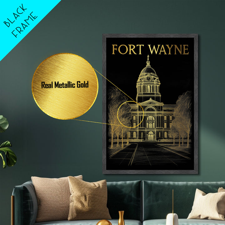 Fort Wayne Indiana travel, Metallic Gold Print, Modern Skyline Wall Print, Metal Art, Wood Framed Art, Adventure Lover Gift