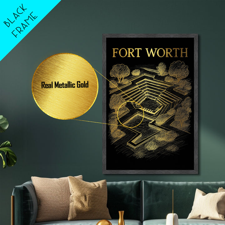 Fort Worth Texas travel, Metallic Gold Print, Closing Gift, Metal Art, Wood Framed Art, Anniversary Travel Gift