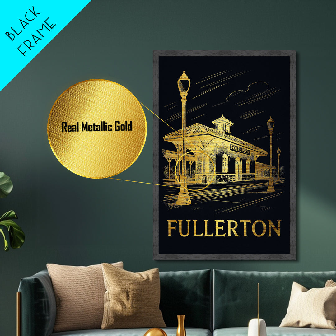 Fullerton California art, Metallic Gold Art, Housewarming Gift, Metal Art, Wood Framed Art, Newlywed Travel Gift
