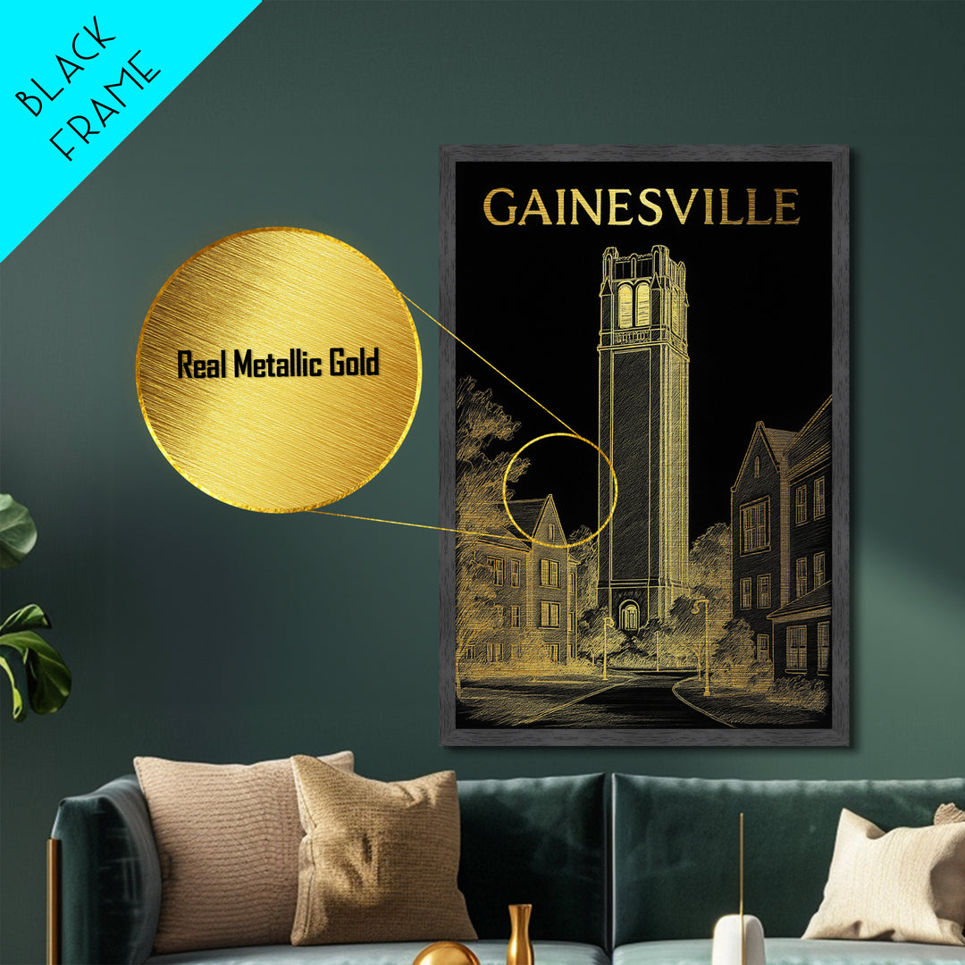 Gainesville Florida travel, Metallic Gold Print, Closing Gift, Metal Art, Wood Framed Art, Anniversary Travel Gift