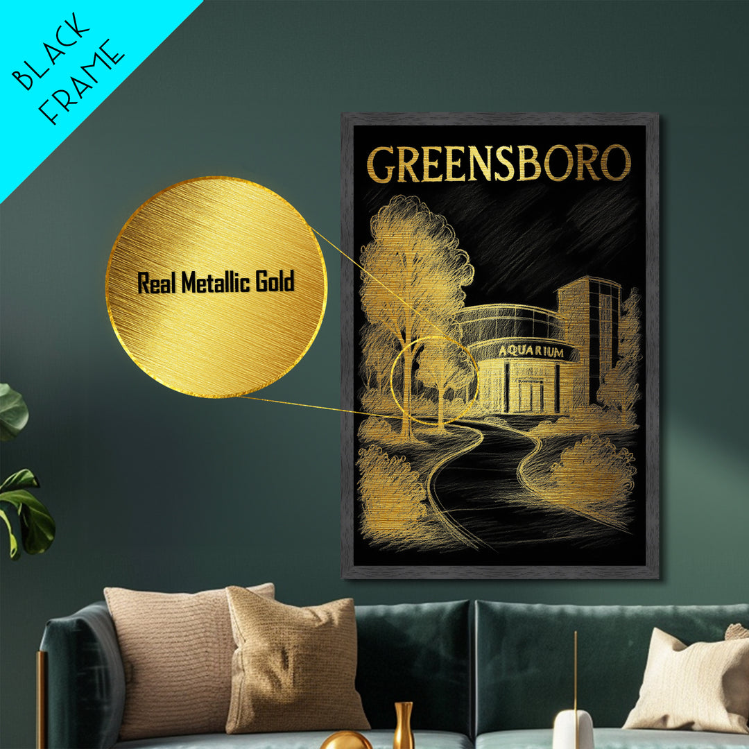 Greensboro North Carolina travel, Metallic Gold Print, College Dorm Décor, Metal Art, Wood Framed Art, Graduation Travel Gift
