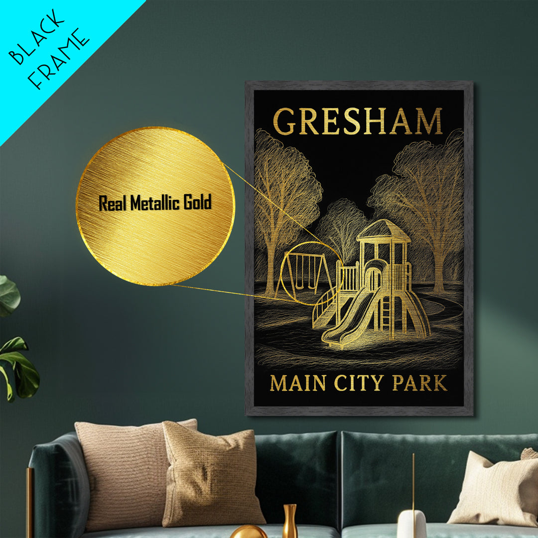 Gresham Oregon travel, Metallic Gold Print, Modern Skyline Wall Print, Metal Art, Wood Framed Art, Adventure Lover Gift, Travel Gift