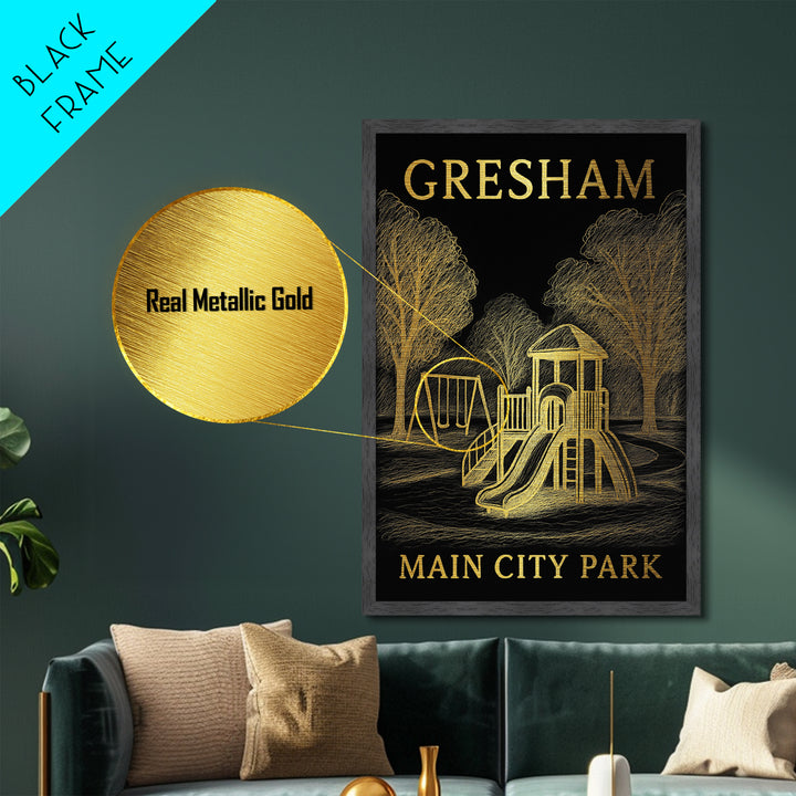 Gresham Oregon travel, Metallic Gold Print, Modern Skyline Wall Print, Metal Art, Wood Framed Art, Adventure Lover Gift, Travel Gift