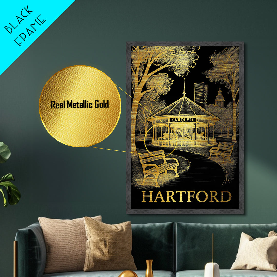 Hartford Connecticut art, Metallic Gold Art, Travel Art Prints, Metal Art, Wood Framed Art, Adventure Lover Gift, Traveler Gift