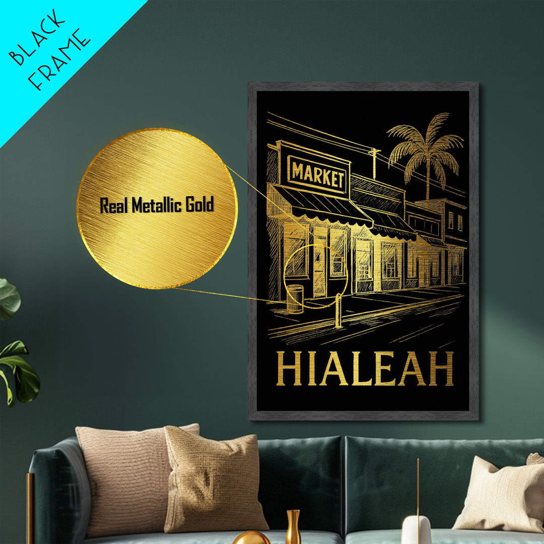 Hialeah Florida art, Metallic Gold Art, Office Decor, Metal Art, Wood Framed Art, Graduation Travel Gift, Destination Gift