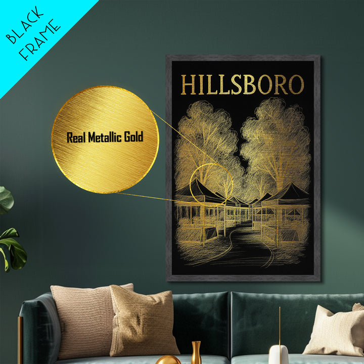 Hillsboro Oregon travel, Metallic Gold Print, Modern House Art, Metal Art, Wood Framed Art, Traveler Gift, Destination Gift