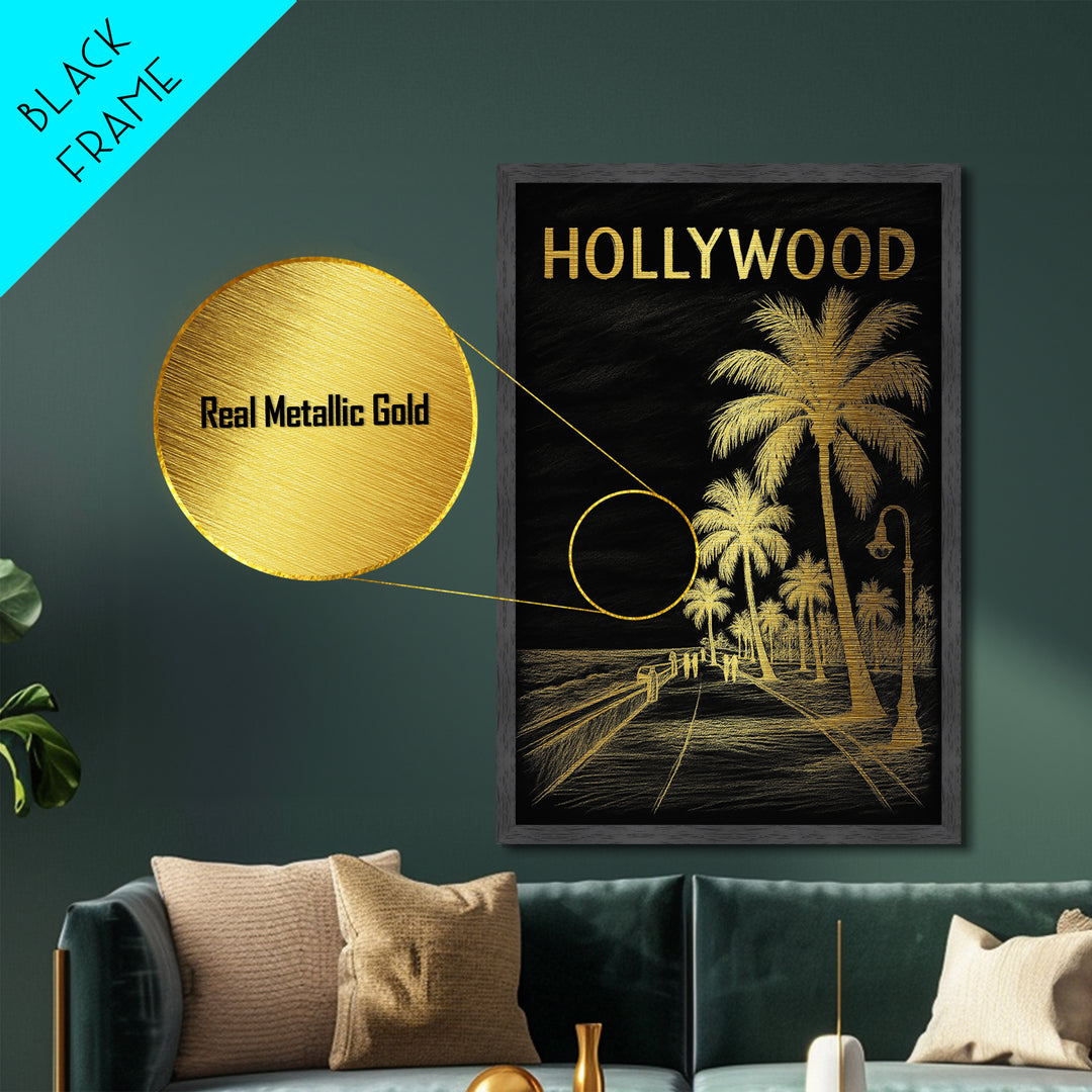 Hollywood Florida travel, Metallic Gold Print, College Dorm Décor, Metal Art, Wood Framed Art, Graduation Travel Gift, Traveler Gift