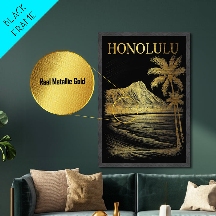 Honolulu Hawaii travel, Metallic Gold Print, Modern Skyline Wall Print, Metal Art, Wood Framed Art, Adventure Lover Gift, Travel Gift