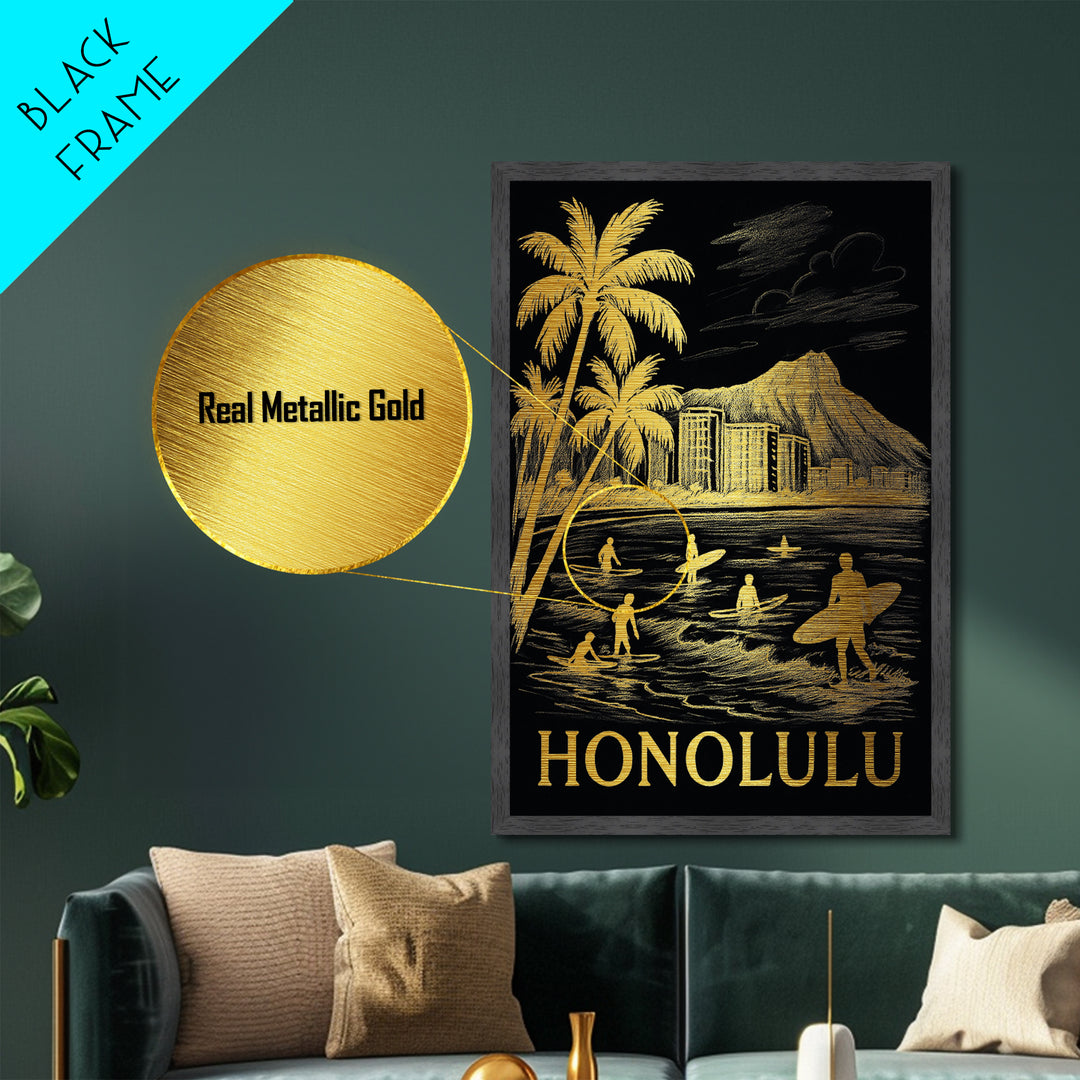 Honolulu Hawaii art, Metallic Gold Art, Housewarming Gift, Metal Art, Wood Framed Art, Newlywed Travel Gift, Honeymoon Gift