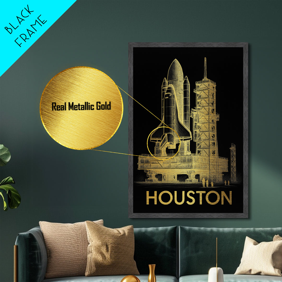 Houston Texas travel, Metallic Gold Print, Closing Gift, Metal Art, Wood Framed Art, Anniversary Travel Gift, Retirement Travel Gift